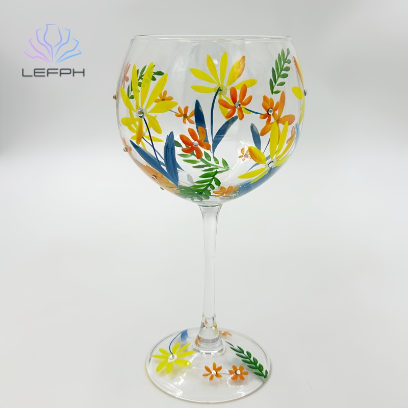 Hand-painted spring flowers red wine glass