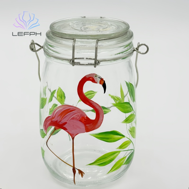 Hand-painted green leaf Flamingo can and glass series
